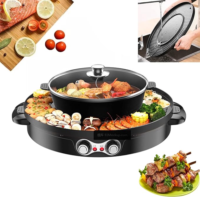 2-in-1 Hot Pot with Grill, 2200W Electric BBQ Pan Grill and Hot Pot with Clear Lid, Round Double-Flavor Shabu Shabu Pot with Divider, Adjustable Temperature Mandarin Duck Pot