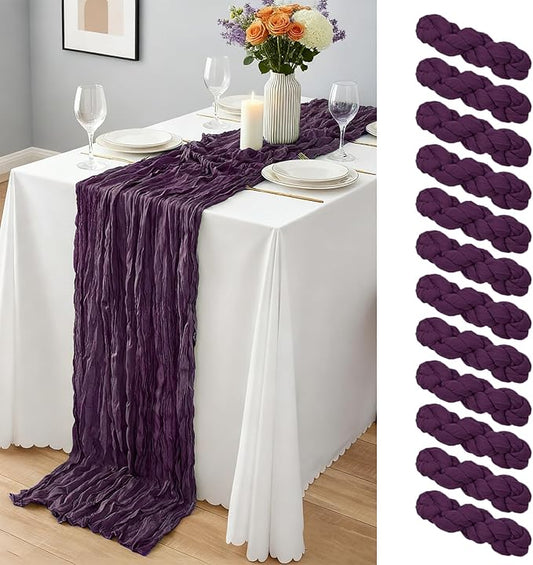 12 Pcs Dark Purple Cheesecloth Table Runner 10Ft, Gauze Table Runners 21.5 x 120 inch,Semi Sheer Cheese Cloth Fabric Runner Bulk for Wedding,Party,Baby Shower,Bridal Shower