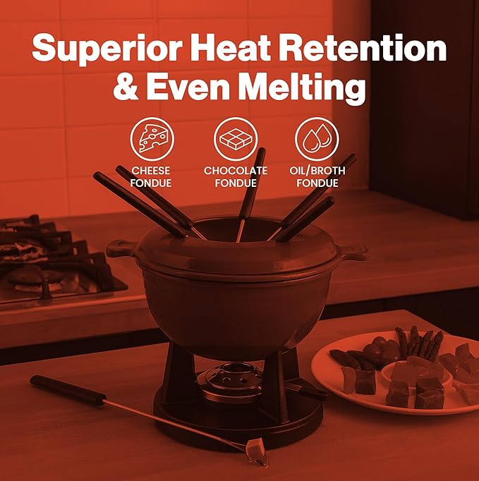 Swissmar Lucerne 10-Piece Cast Iron Fondue Set - Ideal for Melting Cheese, Chocolate, & More - Perfect for Kitchen Collection & Wedding Gift Giving - 2 Liter / 2 Quart - Red