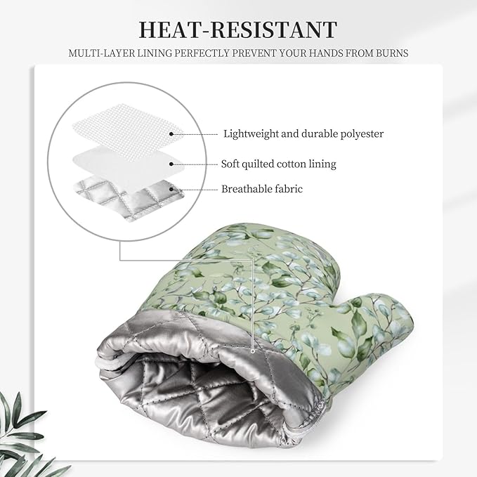 Sage Green Eucalyptus Silicone Oven Mitts and Pot Holders Sets Watercolor Branches Leaves Kitchen Mitts Potholder Kitchen Accessories for Cooking Baking BBQ