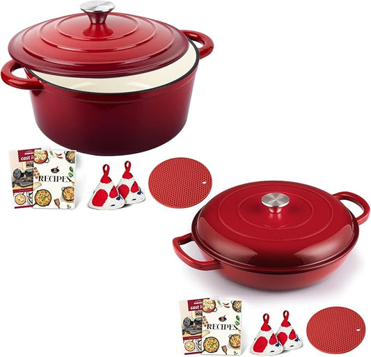 Overmont 5.5qt Enameled Dutch Oven + 3.8qt Braiser Combo