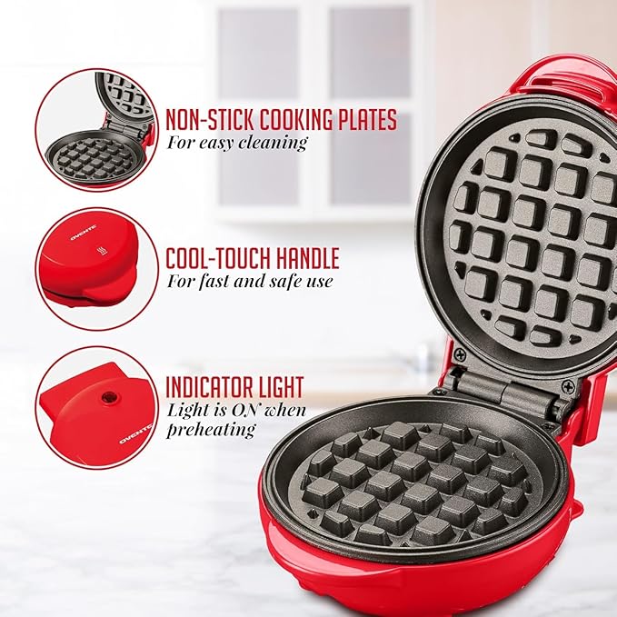 OVENTE Electric Mini Waffle Maker, 550W Fast Heating Element with Overheat Protection, 4-Inch Non-Stick Plates and Cooking Surface, Perfect for Breakfast, Hash Browns, Keto Chaffles, Red WM215R
