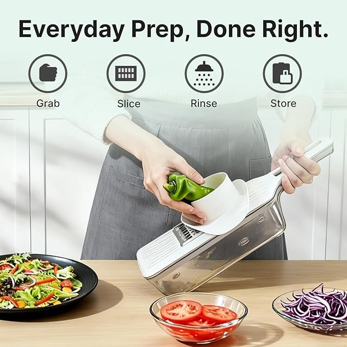 Mandoline Slicer for Kitchen with Drain Box, 6-in-1 Handheld Vegetable Slicer for Salad Prep, Cucumber & Cabbage Slicer with Safety Guard, Upgraded Long Handle Veggie Slicer for Easy Cleaning