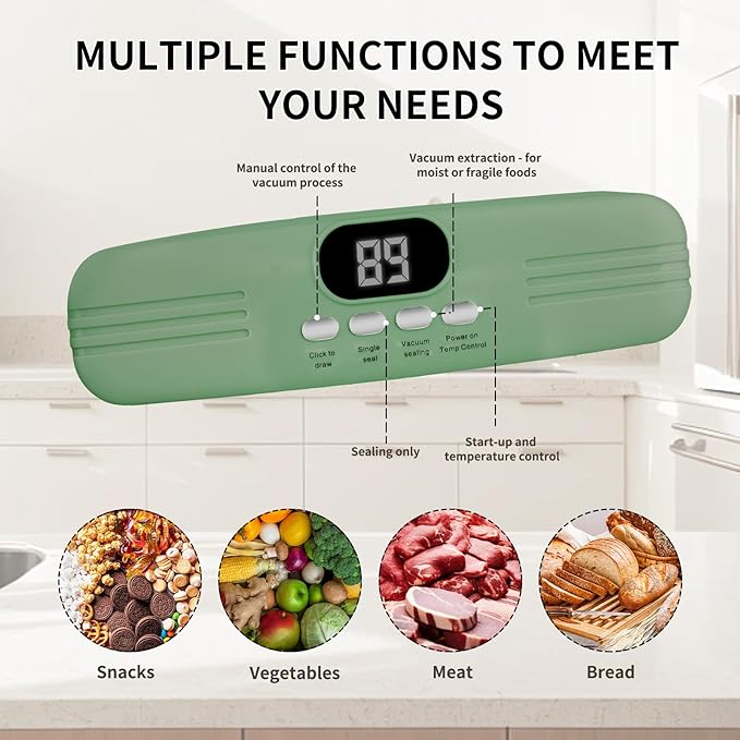 Vacuum Sealer Machine For Food, Mini Cordless Vacuum Sealer, 3-in-1 Portable Vacuum Sealer with 4 Snack Bags, 1 Storage Bag, 1 Inflation Pump, 1 Needle & 1 Nozzle (Green)