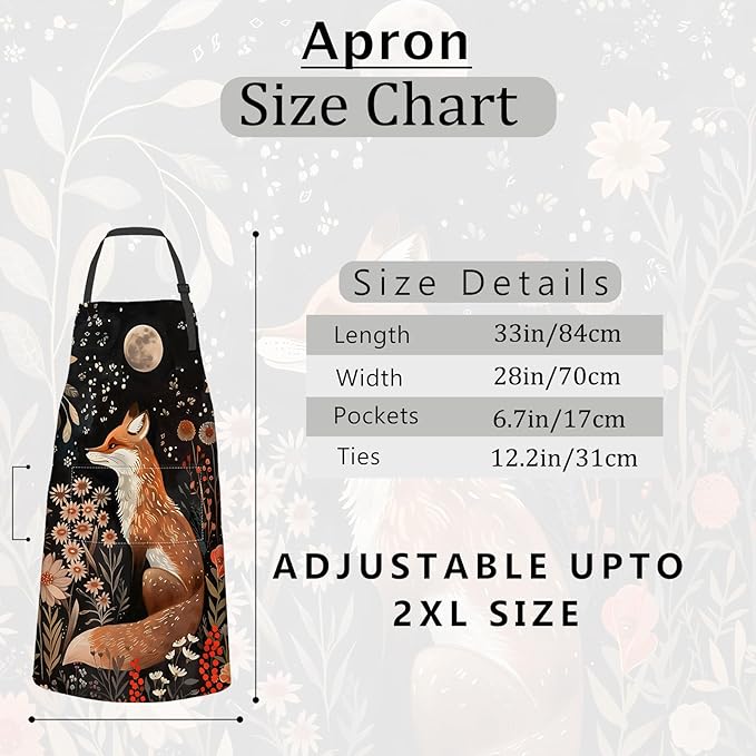Fox Apron Autumn Flowers and Moon Aprons Waterproof Oxford Polyester Adjustable Pockets Design for Cooking, Crafting, Garden Decor, Gifts for Nature Lovers, 28x33 Inch