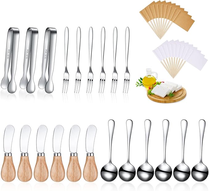 Cheese Butter Spreader Knives Set Charcuterie Accessories Stainless Steel Spreader Knives with Wooden Handles Charcuterie Boards Utensils Mini Serving Tongs Spoons and Forks (Silver,21 Pieces)