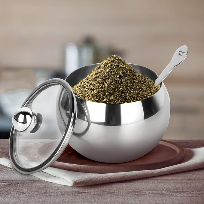 hanmir Stainless Steel Sugar Bowl with Clear Lid and Sugar Spoon 8.1 Ounces(240 Milliliter) Sugar Container for Home and Kitchen
