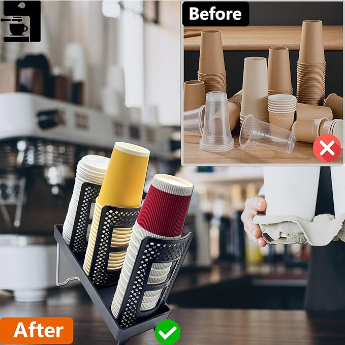 Paper Cup and Lid Holder,CIT ZCFYU Adjustable Disposable Coffee Cup Dispenser, 3-Slot Upright Plastic Cup Holder Organizer for Coffee Stations, Kitchens, Bars, Restaurants, Lounges (Black)