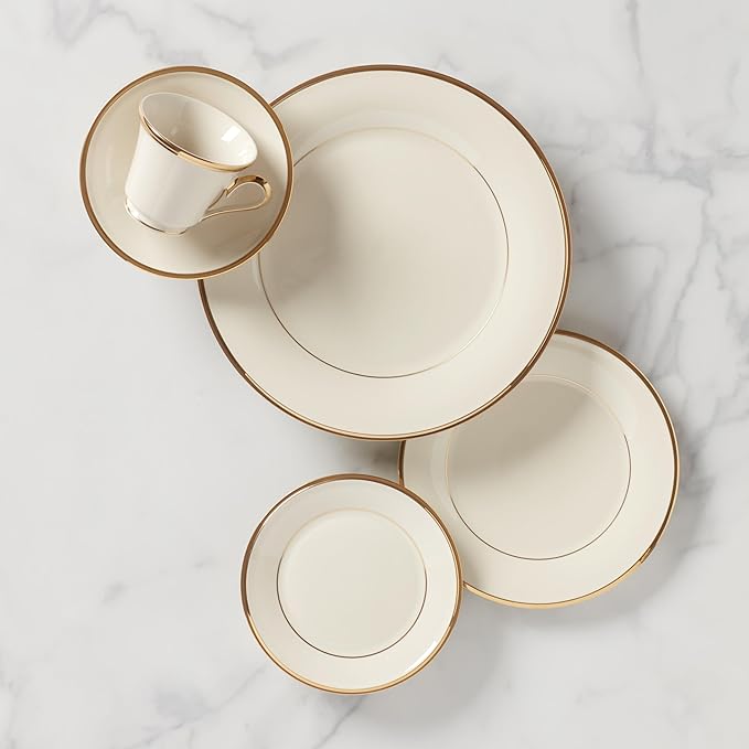 Lenox Dinnerware Set, Eternal 5-Piece Place Setting, 24-Karat Gold Accents Set, Service for 1, Made Of Ivory Porcelain, Dishwasher Safe, Plates, Cups And Saucers, Home And Kitchen (Ivory, 5 Pcs)