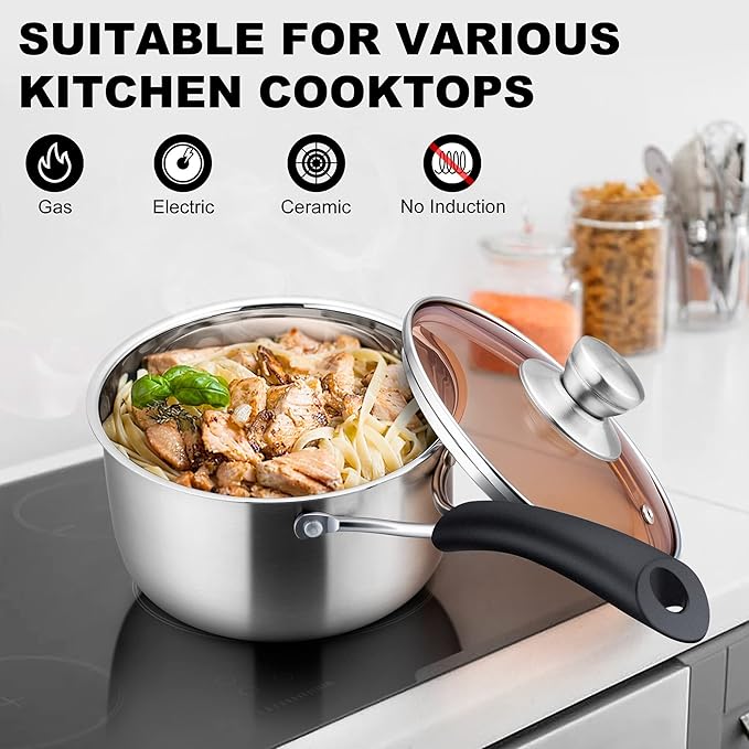 LIANYU 3QT Saucepan with Lid, Stainless Steel Sauce Pan Cooking Pot, 3 Quart Kitchen Cookware with Long Heatproof Handle, Dishwasher Safe