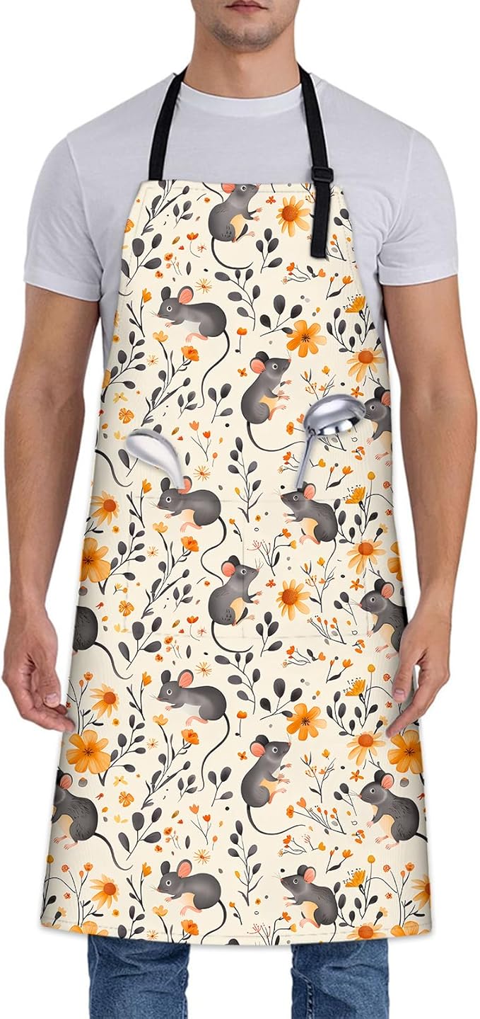Cute Mouse Apron, Adjustable Kitchen Mice and Orange Floral Aprons with Pockets for Cooking BBQ Gardening, 28×33 IN, Holiday Gifts for Women Men Wife, for Chef Baking, Oxford Fabric