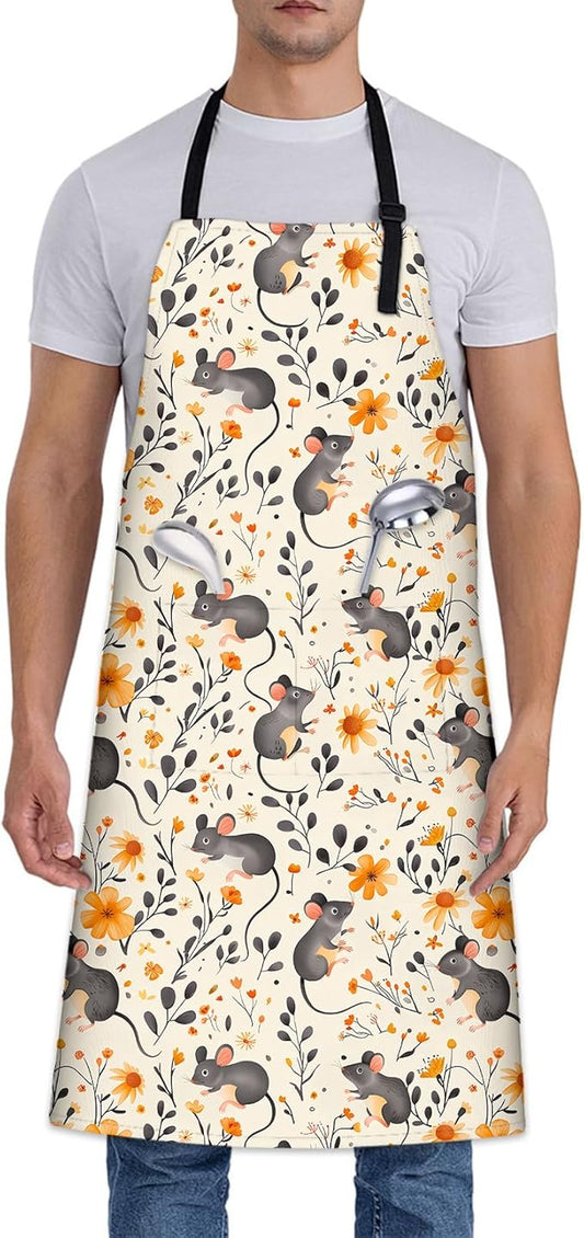 Cute Mouse Apron, Adjustable Kitchen Mice and Orange Floral Aprons with Pockets for Cooking BBQ Gardening, 28×33 IN, Holiday Gifts for Women Men Wife, for Chef Baking, Oxford Fabric