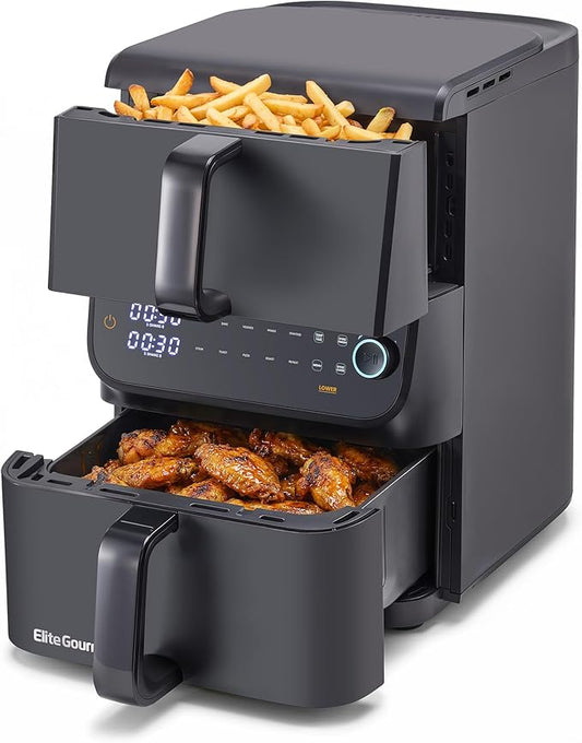Elite Gourmet Dual Stacked Air Fryer, 10.5 Qt Capacity, PFAS Free Nonstick, 10 Presets, SYNC Cook & SYNC Finish, Adjustable Time & Temp, 1700-Watts, 34 Delicious Recipes, Black