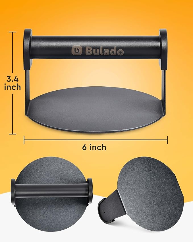 Burger Press, 6'' Round Burger Smasher for Griddle with Heat-Resistant Handle, Teflon-Coated Iron Non-Stick Hamburger Smasher Tool for Flat Top Griddle, Grill, BBQ, Cooking, Gift Package