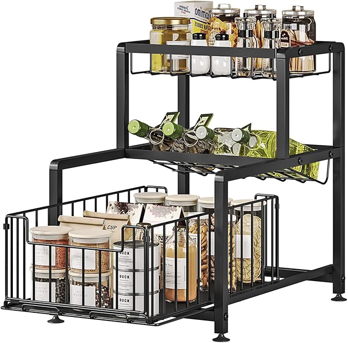 Under Sink Organizers, Pull Out Cabinet Organizer and Storage, Kitchen Cabinet Storage Shelf, Slide Out Spice Rack Organizer, Slip-Resistant Organizer Shelves with Drawer Design (Black, 3Tier)
