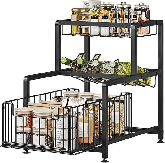Under Sink Organizers, Pull Out Cabinet Organizer and Storage, Kitchen Cabinet Storage Shelf, Slide Out Spice Rack Organizer, Slip-Resistant Organizer Shelves with Drawer Design (Black, 3Tier)