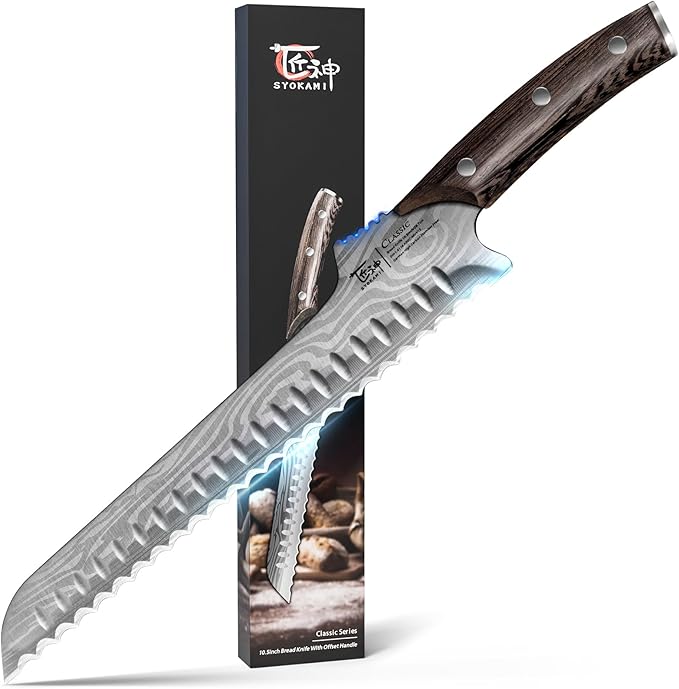 2026 New Upgraded Offset Bread Knife for Homemade Bread, 10.5 Inch Resharpenable Serrated Knife, Ultra-Sharp Sourdough Slicing, Perfect Kitchen Gift, Designed for Cutting Cakes, Fruits & Meat