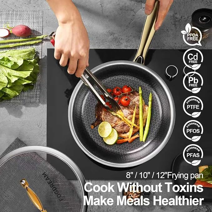 Fogdream 12” Non Stick Frying Pans, Stainless Steel Skillet with Lid, Tri-Ply Stainless Steel for All Cooktops, Dishwasher and Oven-Safe Cooking Pan, Stay-Cool Handle, Gold