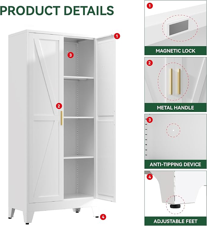 Kitchen Pantry Cabinet with Barn Doors,61" H x 27.5" W,Metal Farmhouse Storage Cabinet with Adjustable Shelves,4-Tier Storage Cabinet for Kitchen Dining Room Garage Office,White