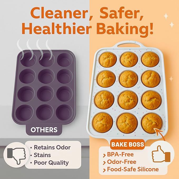 Regular Size 12 Cup Silicone Muffin Pans for Baking with Metal-Reinforced Handles – Nonstick Silicone Cupcake Pan, Easy-Release, BPA-Free Muffin Tray, Oven & Dishwasher Safe – 1 PACK - Cream