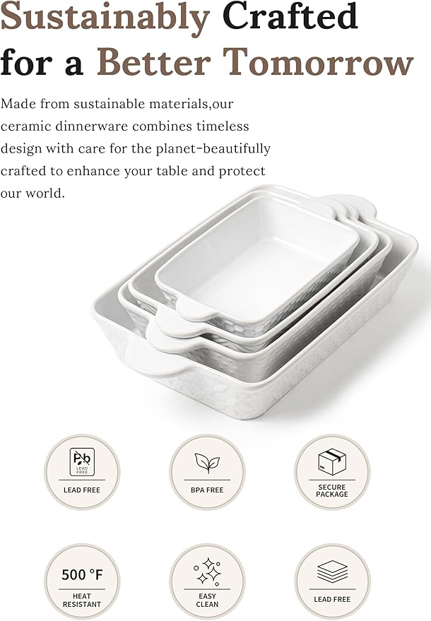 Casserole Dishes for Oven - Ceramic Bakeware Sets of 4, Rectangular Baking Deep Dishes with Handles, Lasagna Pans for Kitchen Cooking & Wedding Gift, Embossed