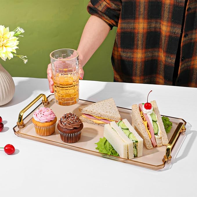 2PCS Serving Tray with Golden Handles, Reusable Plastic Decorative Trays for Party Kitchen Bathroom Dessert Table Cupcake Display, Modern Style Amber Drink Coffee Tea Tray for Countertop