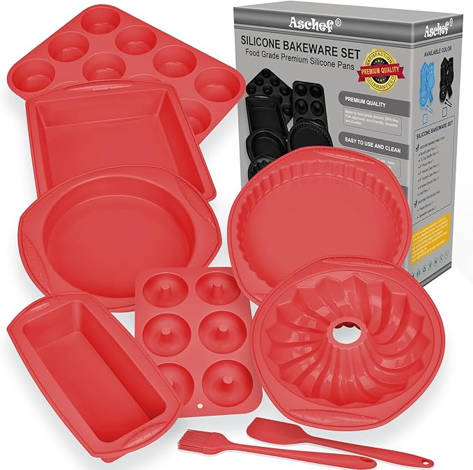 Aschef 9in1 Nonstick Silicone Baking Bundt Cake Pan Cookie Sheet Molds Tray Set for Oven, BPA Free Heat Resistant Bakeware Tools Kit for Muffin Loaf Bread Pizza Cheesecake Cupcake Pie Utensils, Red