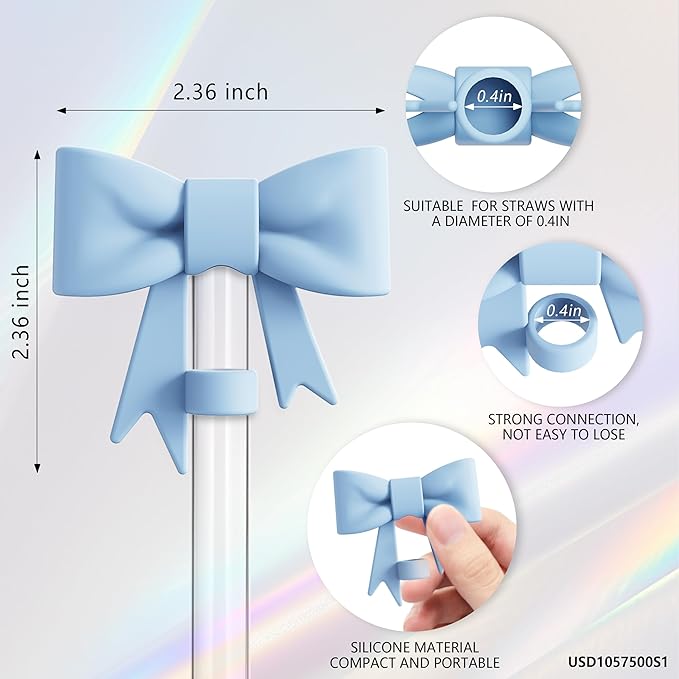 Compatible with Stanley Cup Accessories - 3Pcs 10mm Bow Straw Topper Compatible with Stanley Cup Straw Cover Cap, 2pcs Blue Bow Charms for 30&40 Oz Tumbler with Handle
