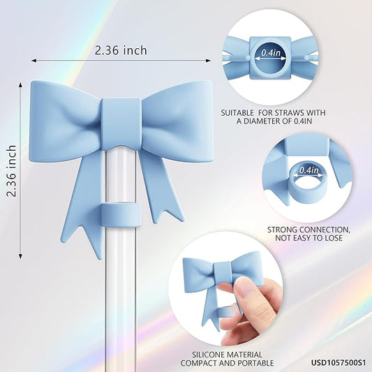 Compatible with Stanley Cup Accessories - 3Pcs 10mm Bow Straw Topper Compatible with Stanley Cup Straw Cover Cap, 2pcs Blue Bow Charms for 30&40 Oz Tumbler with Handle