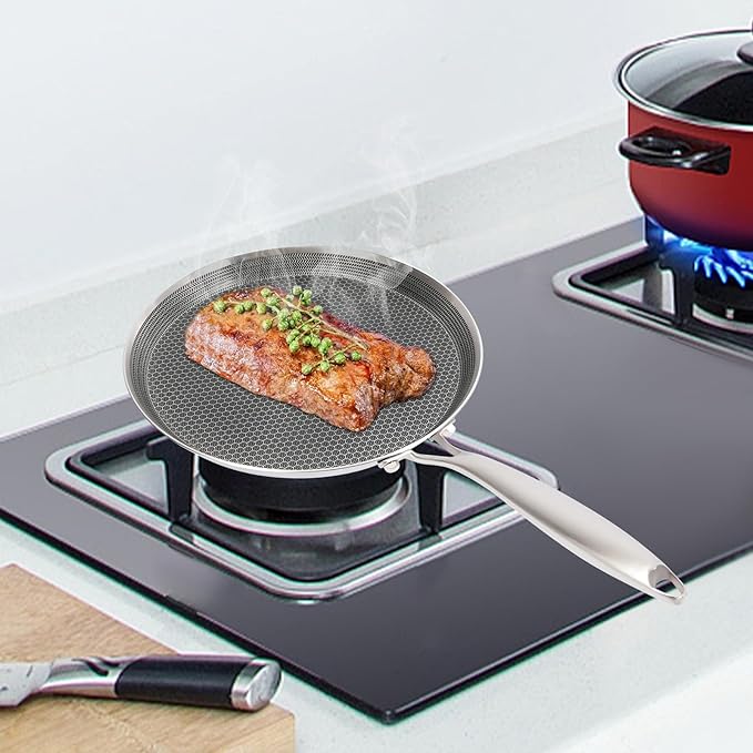 Stainless Steel Crepe Pan 11-inch, Honeycomb Nonstick Pancake Pan with Extended Handle, Multi-Layer Fast Heating Cooking Pan for Gas/Induction Stoves