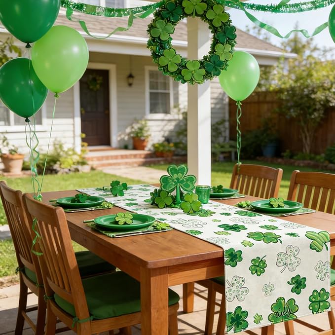 St. Patrick's Day Table Runner Decorations,Green Lucky Shamrock Linen Spring Table Runner Seasonal Holiday Kitchen Dining Table Decoration for Indoor Outdoor Home Party Decor 13 x 72 Inch