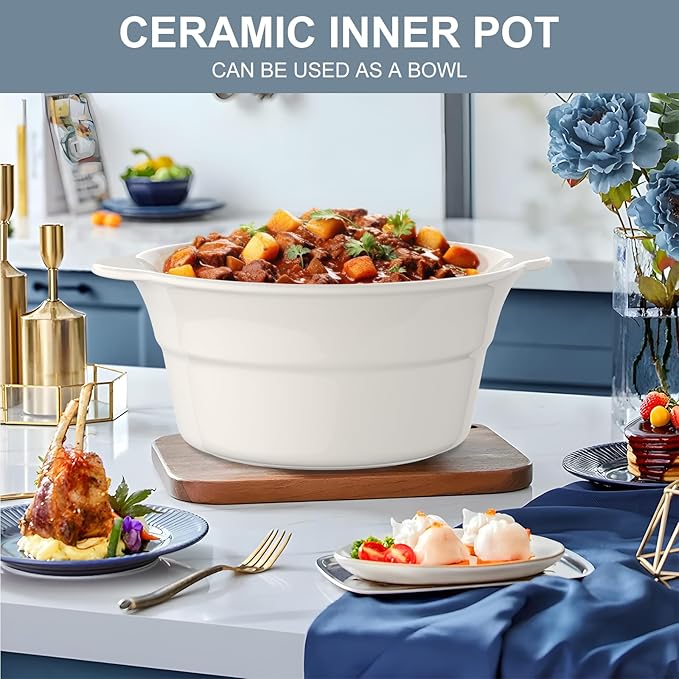 MAGNIFIQUE Small 5 Quart Round Casserole Programmable Slow Cooker with Glazed Ceramic Liner, Food Warmer Perfect Kitchen Small Appliance for Family Dinners, Blue