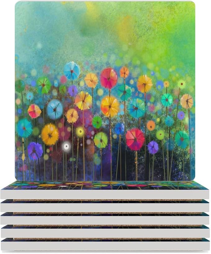 Square-6PCS Floral Ceramic Coasters, Square Absorbent Drink Coasters, Watercolour Abstract Wildflower Nature Plant Colorful Floral Ceramic Table Coasters for Coffee, Beverage, Wine, Beer Coasters