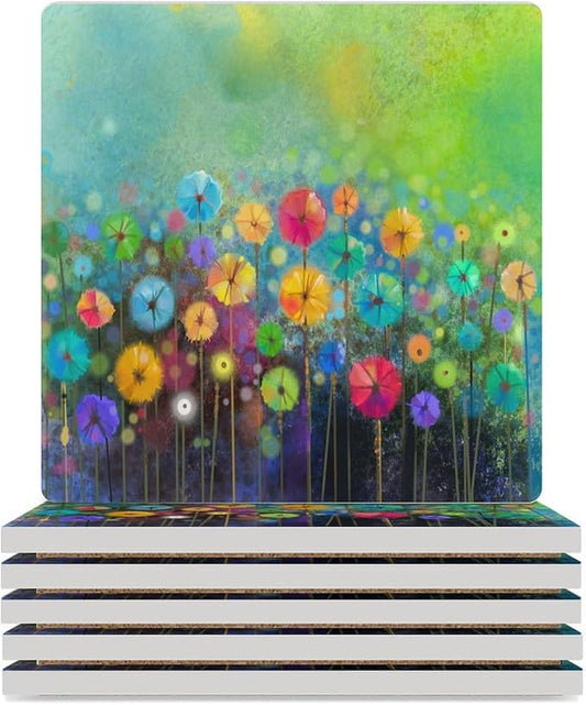 Square-6PCS Floral Ceramic Coasters, Square Absorbent Drink Coasters, Watercolour Abstract Wildflower Nature Plant Colorful Floral Ceramic Table Coasters for Coffee, Beverage, Wine, Beer Coasters