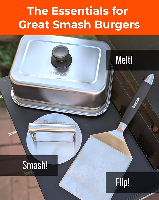 Smash Burger Press Kit – 6.5 Inch Stainless Steel Hamburger Smasher Tool – Heavy Duty Grill Press for Flat Top Griddles and Cast Iron Pans – Perfect for Crispy Smashed Burger Patty – Dome Set