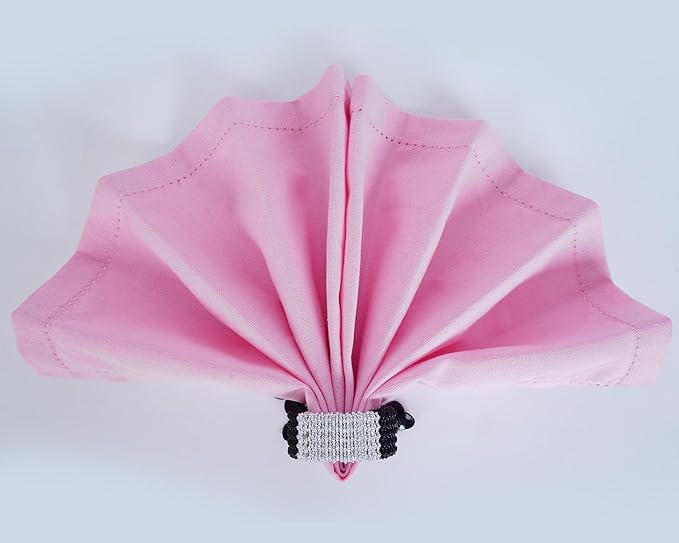Blue Needles Set of 12 Hemstitch Linen Napkins 100% Cotton Blush Pink Cloth Dinner Napkins 18x18 inches, Soft, Reusable, Absorbent, Washable, Ideal for Wedding Events, Parties & Everyday Use