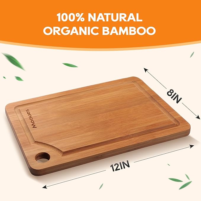 Bamboo Cutting Board, Durable Wood Chopping Boards for Kitchen, Reversible with Juice Groove, Wooden Cutting Boards for Chopping & Serving, 12" x 8" - 0.6" Thick
