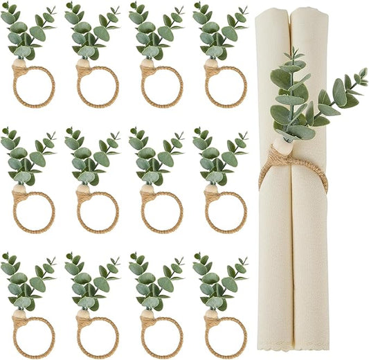 APTWOW Napkin Rings Set of 12, Easter Napkin Rings, Boho Eucalyptus Leaf Napkins Rings, Wood Bead Farmhouse Easter Napkin Holder for Weddings Christmas Party Table Decoration