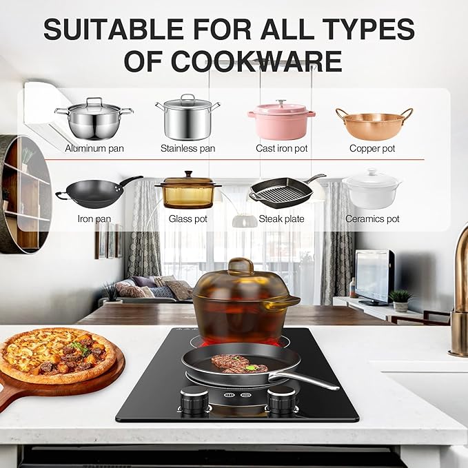 2 Burner Electric Cooktop - 12" Infrared Electric Stove Top with Knob Control, Countertop & Built-in, 2100W Ceramic Electric Hot Plate with 9 Power Levels, Child Lock, Timer, Residual Heat Warning