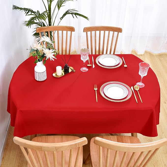 Wolkemer Oval Tablecloth 60 x 102 Inch Washable Fabric Table Cloth Solid Red Table Cover for Dining Wedding Party Banquet Tabletop Decoration