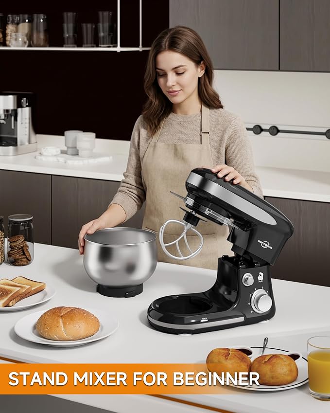 Stand Mixer, 3.4QT Tilt-Head Small Stand Mixers, 6+P Speed Kitchen Mixer for Daily Use with Egg Whisk, Dough Hook, Flat Beater, Bread Dough Mixer for Baking (Black)
