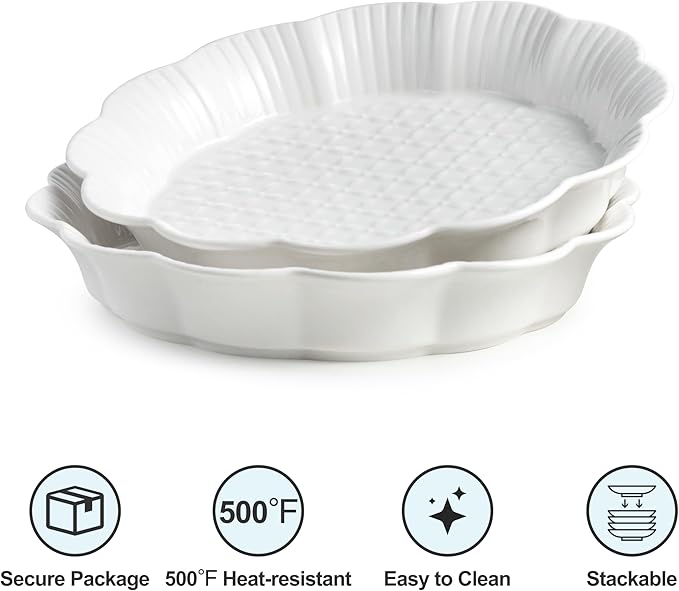 Cormomu Pie Pan for Baking 9 Inch, Ceramic Pie Dish, Non-Stick Round Baking Dish, Porcelain Plates with Ruffled Edge| Microwave, Dishwasher, and Oven Safe (2PCS)