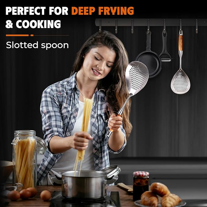 MARTE Skimmer Slotted Spoon,304 Stainless Steel Pasta Spider Strainer Ladle for Frying and Cooking,Kitchen Colanders & Food Strainers Set of 2，Slotted Spoon with Heat-Resistant Solid Wood Handle
