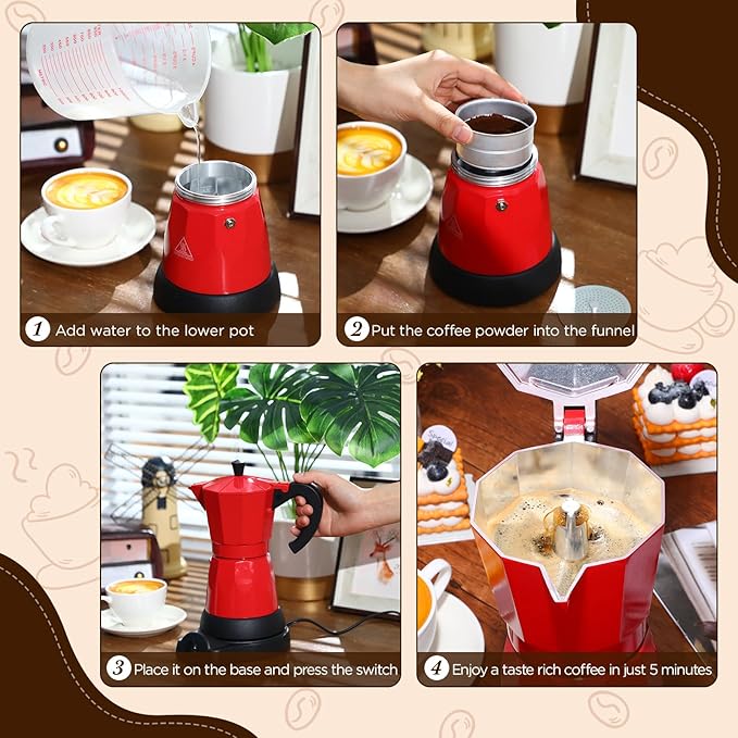 Lemosae Coffee Pot 6 Cup Electric Espresso Coffee Maker Italian Moka Maker 300ml Portable Aluminum Espresso Machine Cafetera Moka Pot with Detachable Base, Gift for Home Travel(Red)