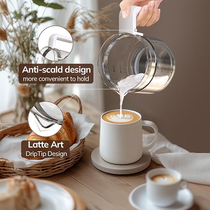 Large Electric Milk Frother and Steamer, 16.9oz/500ml Milk Steamer and Frother for Latte or Hot Chocolate, Dishwasher Safe, 6 Functions, Enjoy Perfect Milk Froth in 2 Min (White-Glass)