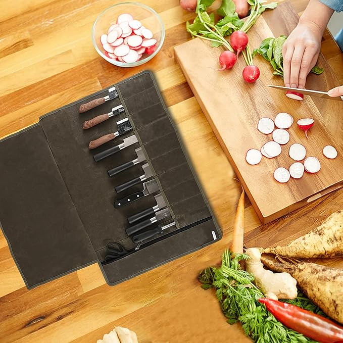 Chef’s Knife Roll Bag,Waxed Canvas Knife Cultery Carrier, Portable Chef Knife Cases,Knife Pouch Holders With 10 Slots Plus 1 Zipper Pockets Can Hold Home Kitchen Knife Tools Up To 18.8”