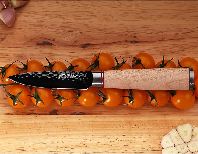YOUSUNLONG Paring Knife - 3.5" Peeling Knife Razor Sharp - Japanese HRC Steel AUS8 Black Titanium Coating - Natural Canadian Maple Wood Handle