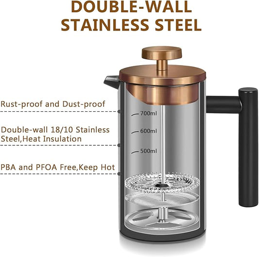 WORBIC Black Stainless Steel French Press Coffee Maker, Double Wall Insulated French Press,for Coffee&Tea,with 3 Extra Screens and a Coffee Spoon,34oz/1000ml,Gold