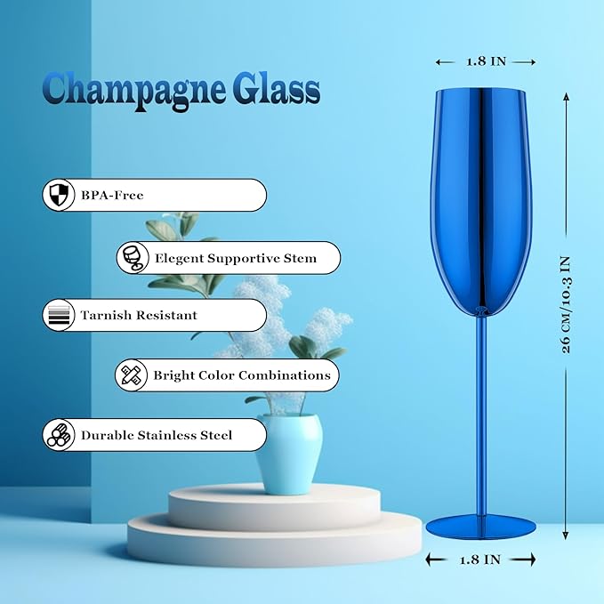 Stainless Steel Champagne Flutes Set of 4-Wedding &Birthday Gifts,8.5 Oz Unbreakable Champagne Glass with Long Stem,Reusable Indoor Outdoor Drinkware (Blue)