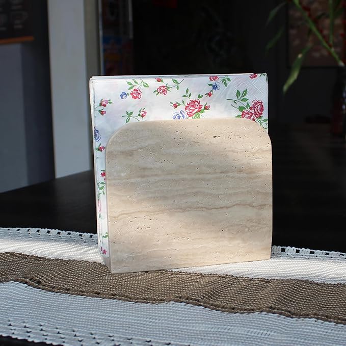 Natural Travertine Napkin Holder for Table, Standing Napkin Dispenser for Kitchen Dining Farmhouse Cocktail Picnic Bar 6.3x5.5x2.8 inches